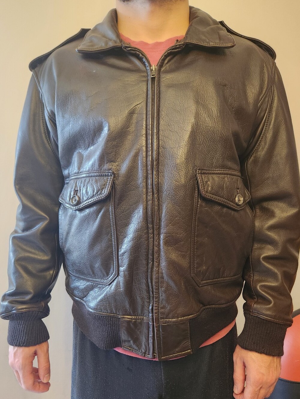 Vtg Abercrombie & Fitch Dark Brown Leather Bomber Jacket A2 Flight XL